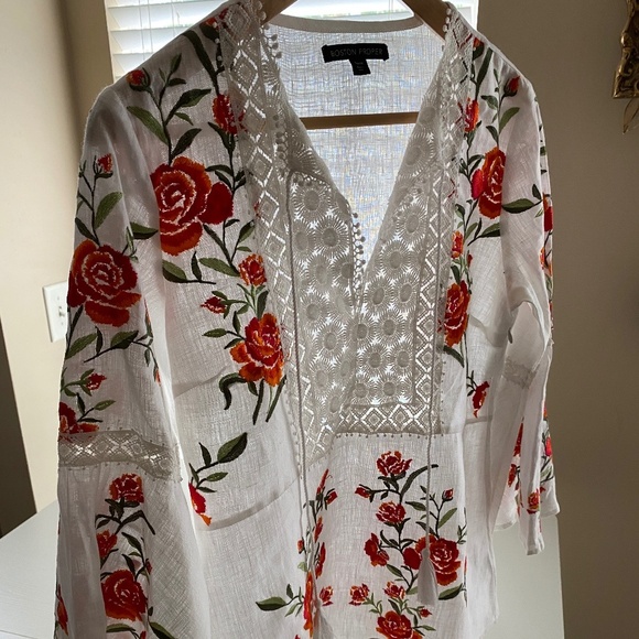 Boston Proper Embroidery Floral Bell Sleeve Linen Blouse White Orange Medium - Picture 7 of 16